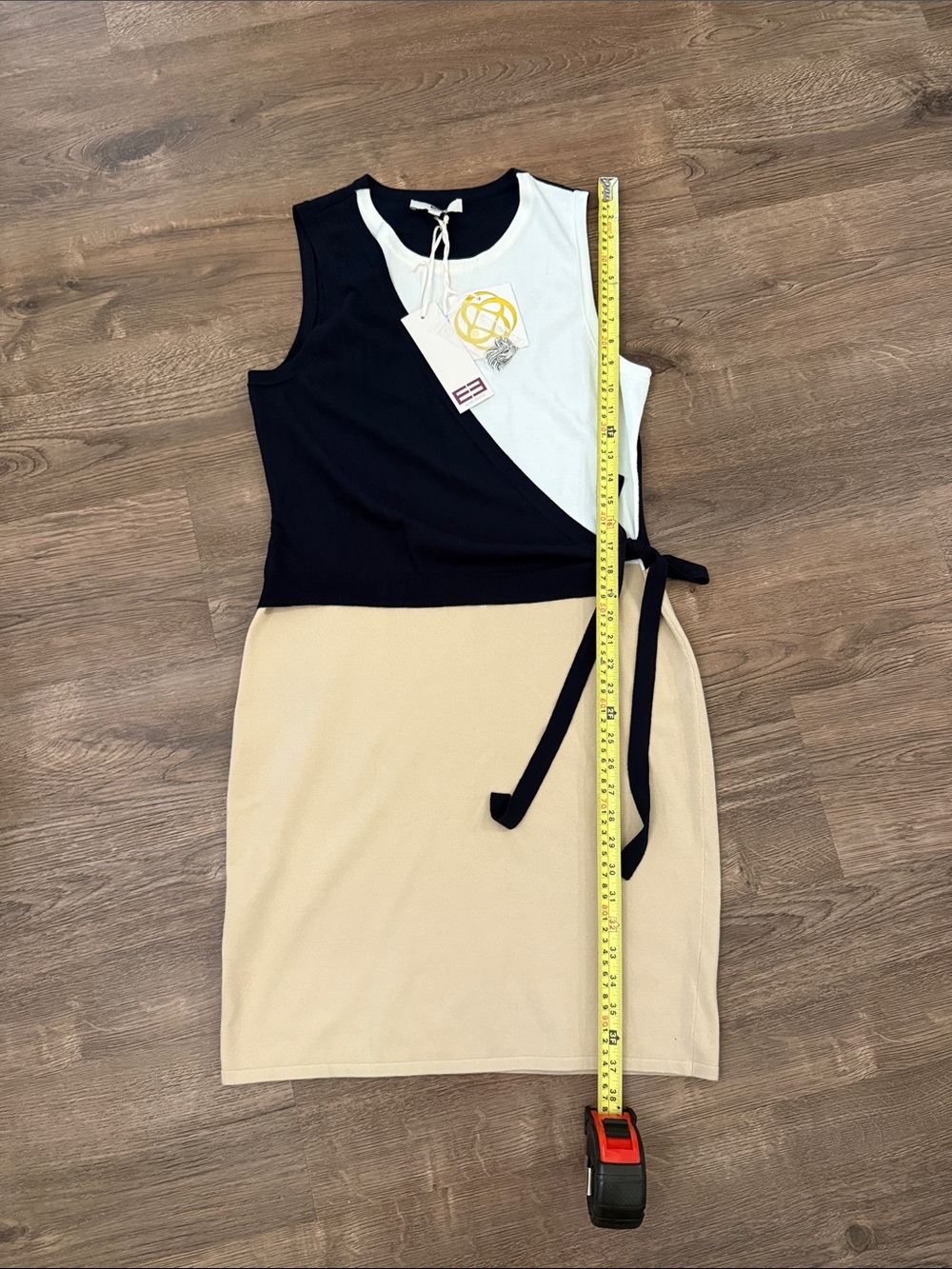 Etcetera Sleeveless Knit Colorblock Midi Dress Black, white & Beige Size Large